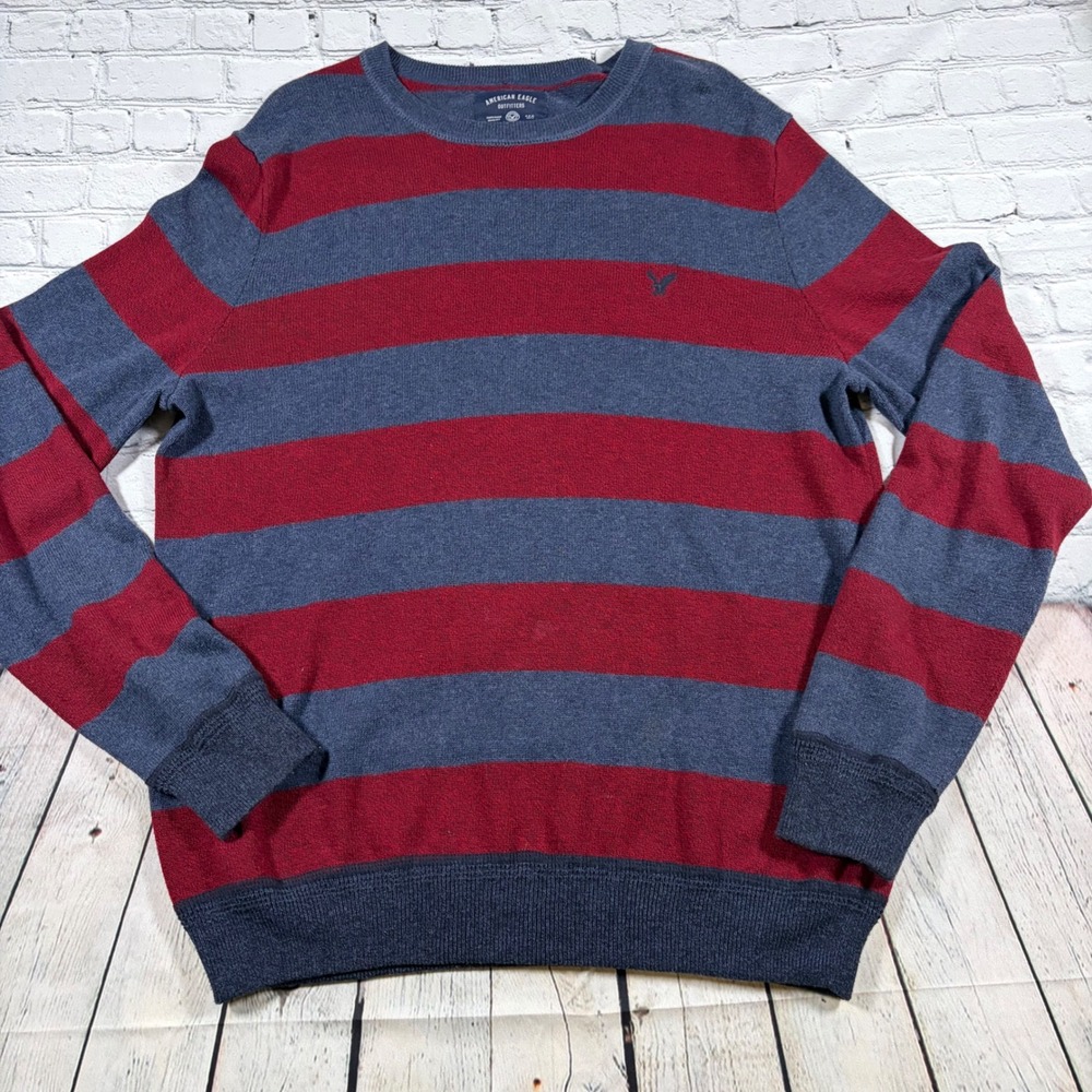 American Eagle Mens Large Red Gray Striped Cotton Crewneck Sweater 0342